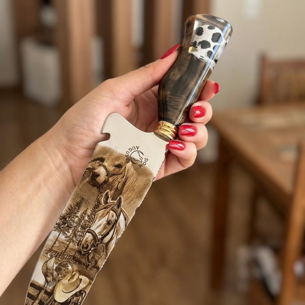 Kit Artesanal Premium “Cavalo Campeira” – Faca Gravação Alto Relevo + Chaira Brinde