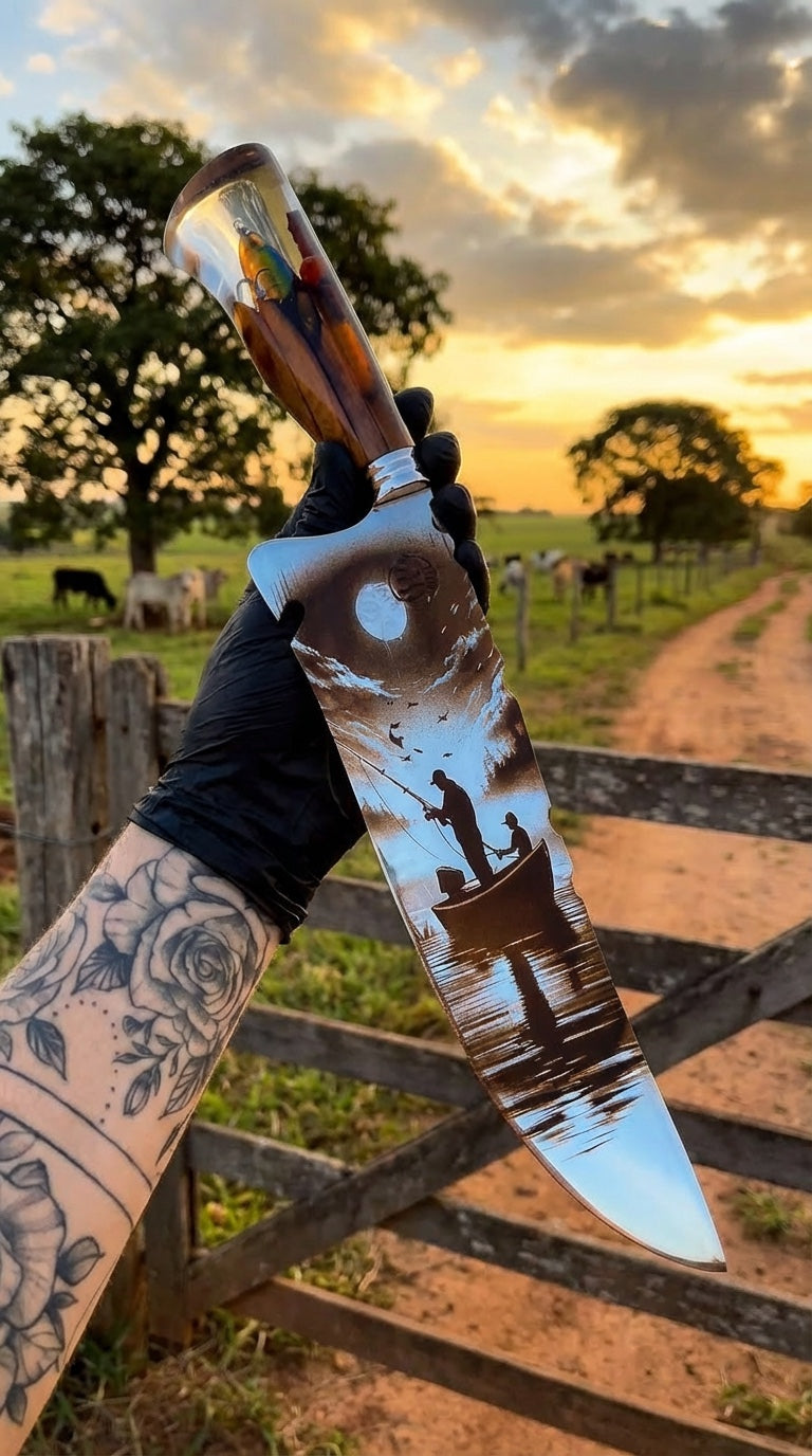 Faca Artesanal Premium “Pôr do Sol dos Pescadores” – Gravação em Alto Relevo