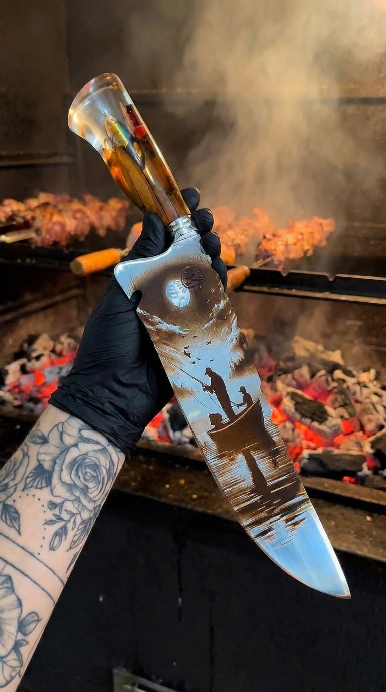 Faca Artesanal Premium “Pôr do Sol dos Pescadores” – Gravação em Alto Relevo
