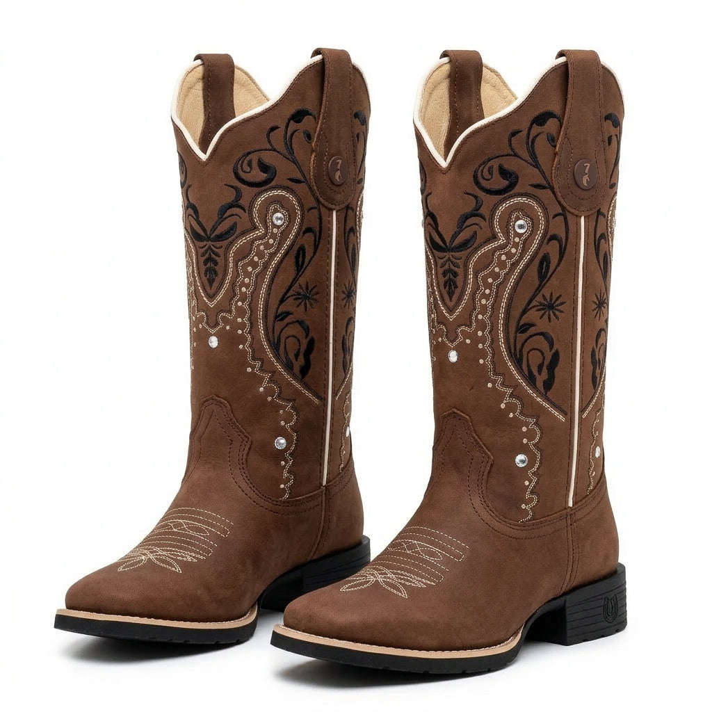 BOTA TEXANA – COURO HORSE NESCAU BORDADO FLORÊNCIA PRETO, BRANCO E BEGE