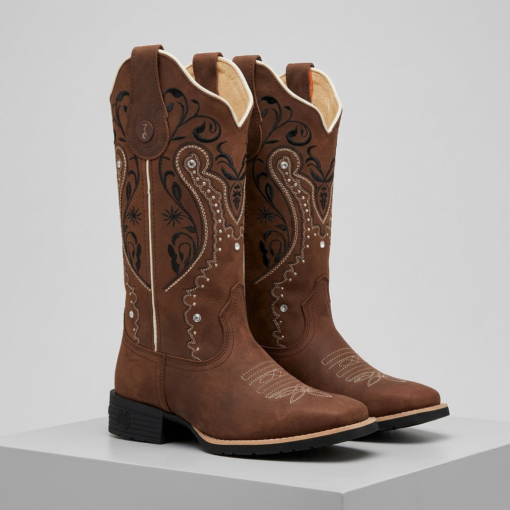 BOTA TEXANA – COURO HORSE NESCAU BORDADO FLORÊNCIA PRETO, BRANCO E BEGE
